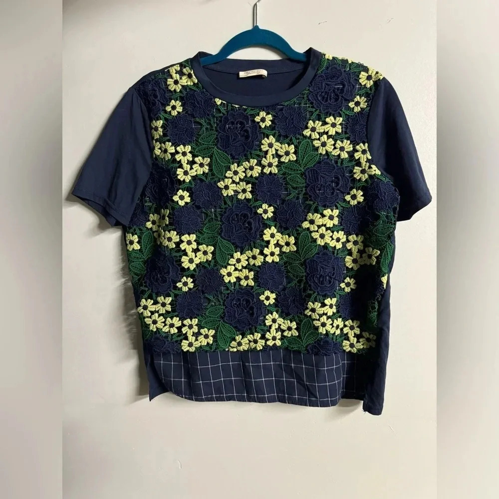 Zara women’s Crochet Windowpane Lace‎ Over Top blue green yellow plaid large fem